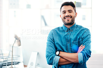 Buy stock photo Arms crossed, portrait and man in modern office with creative career, agency and computer with internet connection. Smile, confidence and male worker in workplace for web design startup and new job