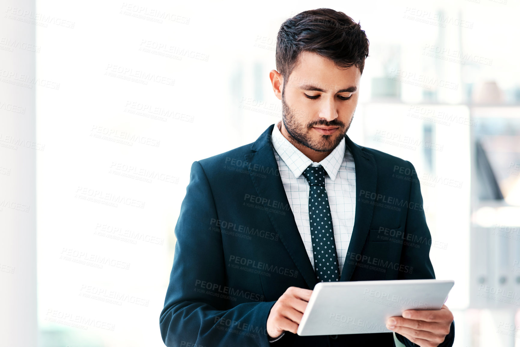 Buy stock photo Tablet, businessman and online app in office for communication, planning and networking. Technology, stock market and professional trader in New York for reading, research and connection for career