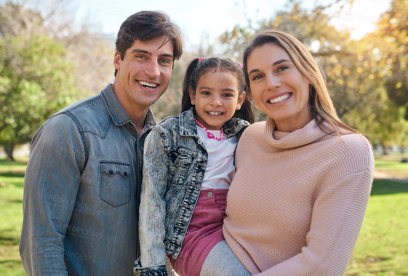 Buy stock photo Smile, family and portrait at park together for love, care or bonding on summer holiday vacation. Face, father and girl child with mother outdoor for connection, support and healthy relationship