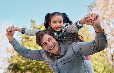 Buy stock photo Portrait, dad and kid in park for piggyback, playing and bonding together with smile. Happy family, parent or father with daughter outdoor in nature for motor skills, recreation or physical activity