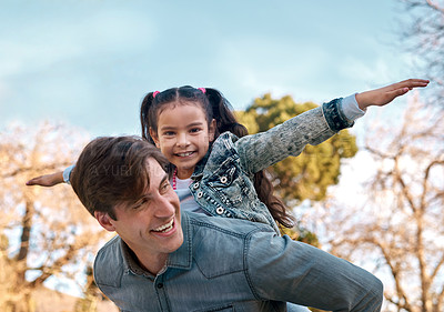 Buy stock photo Portrait, dad and child in nature for piggyback, playing or bonding together with smile. Happy family, parent or father with daughter outdoor in park for motor skills, recreation or physical activity