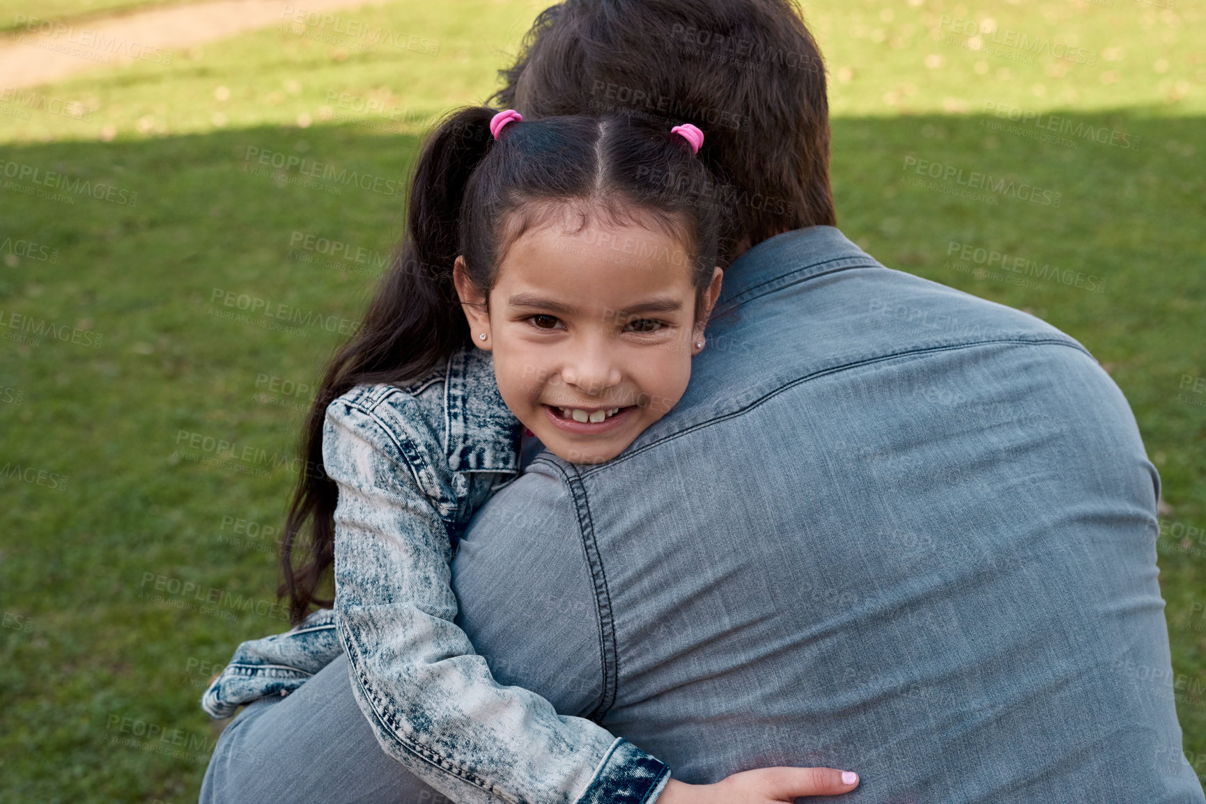 Buy stock photo Child, girl and hug parent in park for love, support and happy with reunion or holiday outdoor. Family and kid bonding together in portrait for security, care or support of childhood growth in garden