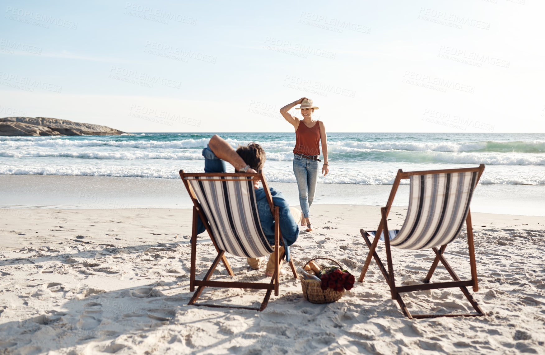 Buy stock photo Couple, love and relax on chair at beach for picnic, relationship and walking on sand in nature. Man, woman and romance in summer for vacation, holiday and anniversary on tropical island for date