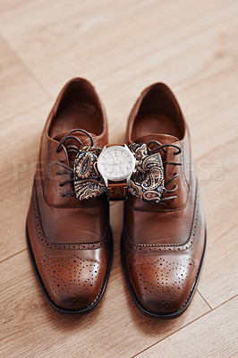 Buy stock photo Cropped shot of men's shoes and accessories