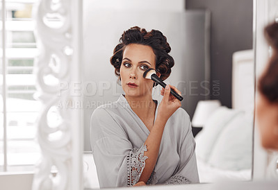 Buy stock photo Beauty brush, mirror reflection and woman with cosmetics application, natural skincare glow or luxury facial makeup. Wellness, skin foundation treatment and person prepare for wedding in home bedroom