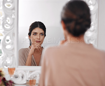 Buy stock photo Cosmetics results, mirror and woman check facial makeup, natural skincare treatment or luxury home beauty. Spa salon, healthy skin and reflection of relax person with morning face routine