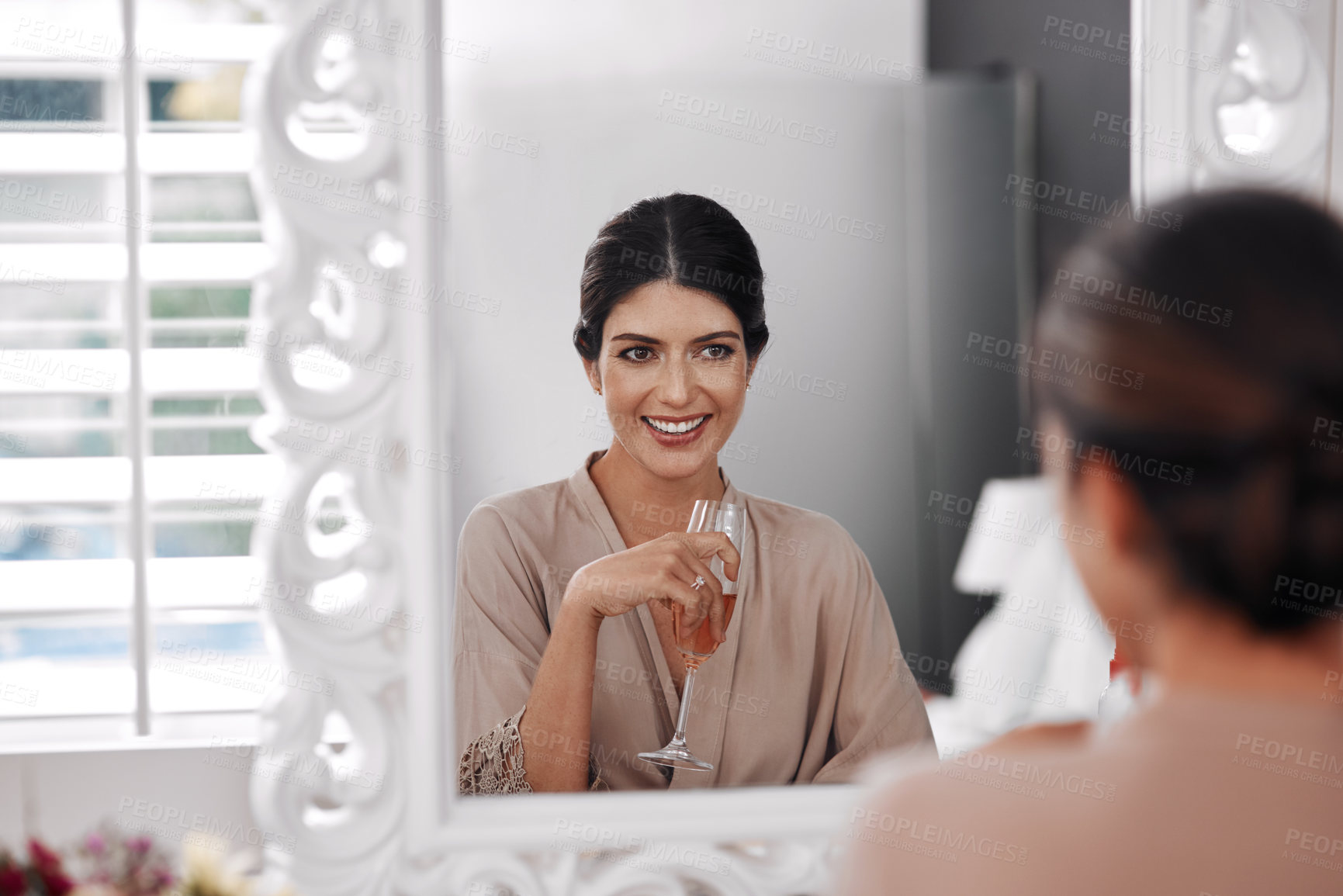 Buy stock photo Cropped shot of a beautiful woman admiring herself in the mirror at home