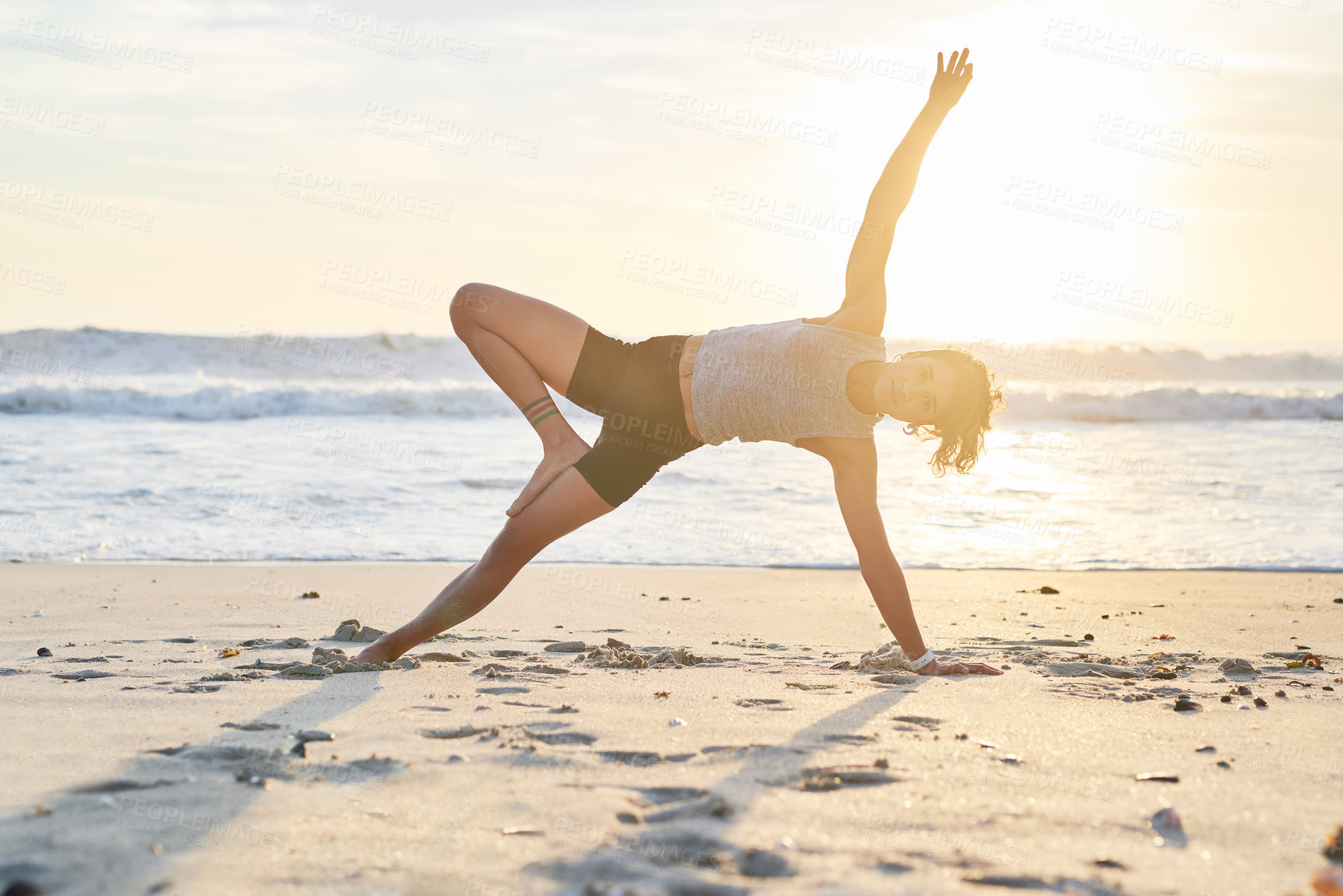 Buy stock photo Woman, yoga and beach in portrait for peace, nature or wellness for spirituality, fitness or health. Female person, stretching and outdoor for balance, pilates or activity with calm, practice and zen