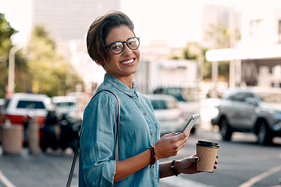 Buy stock photo Commute, portrait of young woman with coffee in the morning in city and smartphone in the street background. Travel with cellphone, happy and female person with beverage in urban area or cityscape