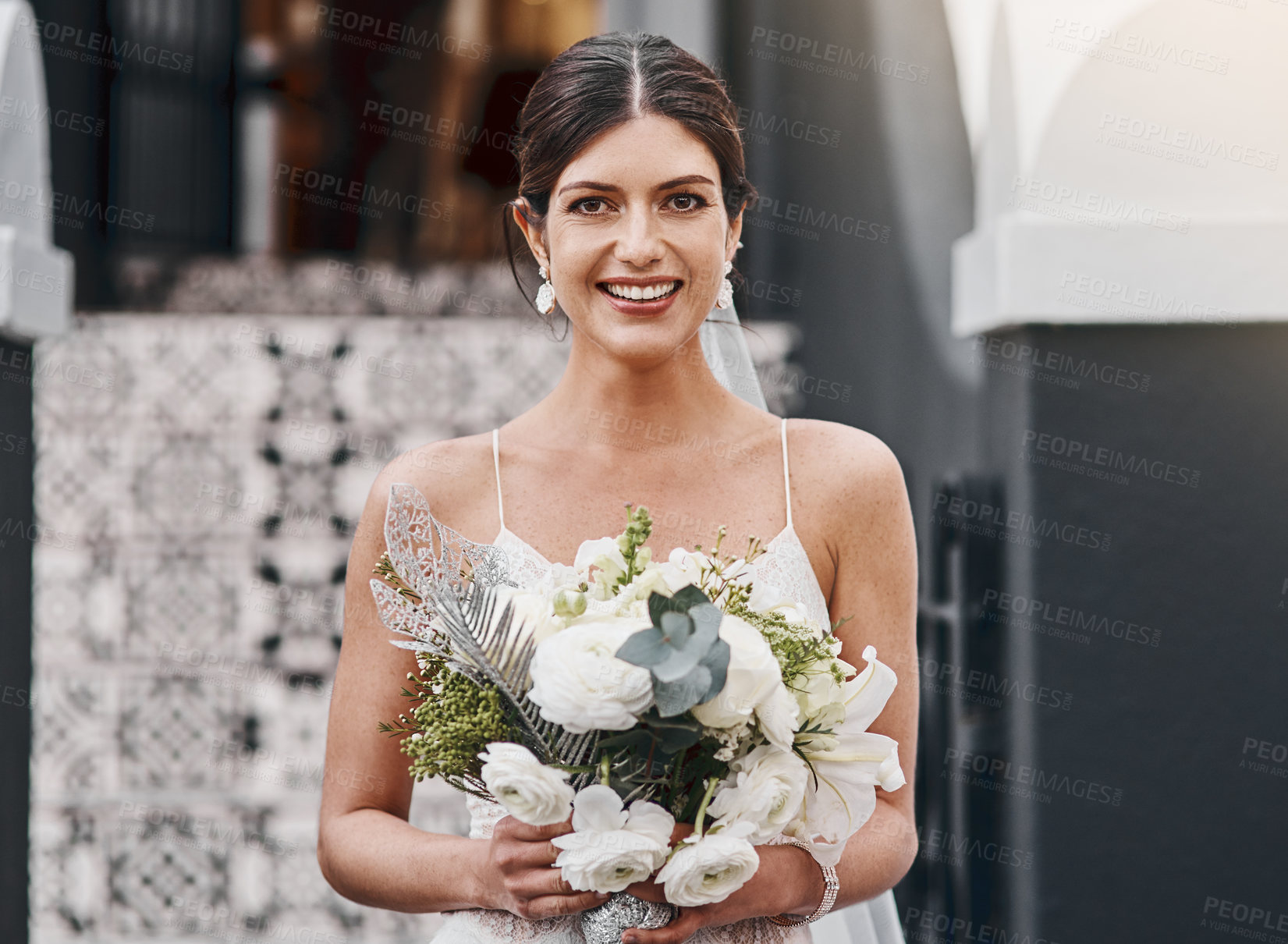 Buy stock photo Portrait, bride and smile in wedding dress, flowers and celebration for marriage, bouquet and roses. Woman, ceremony and elegant  for commitment, happy female person and romance in love at event