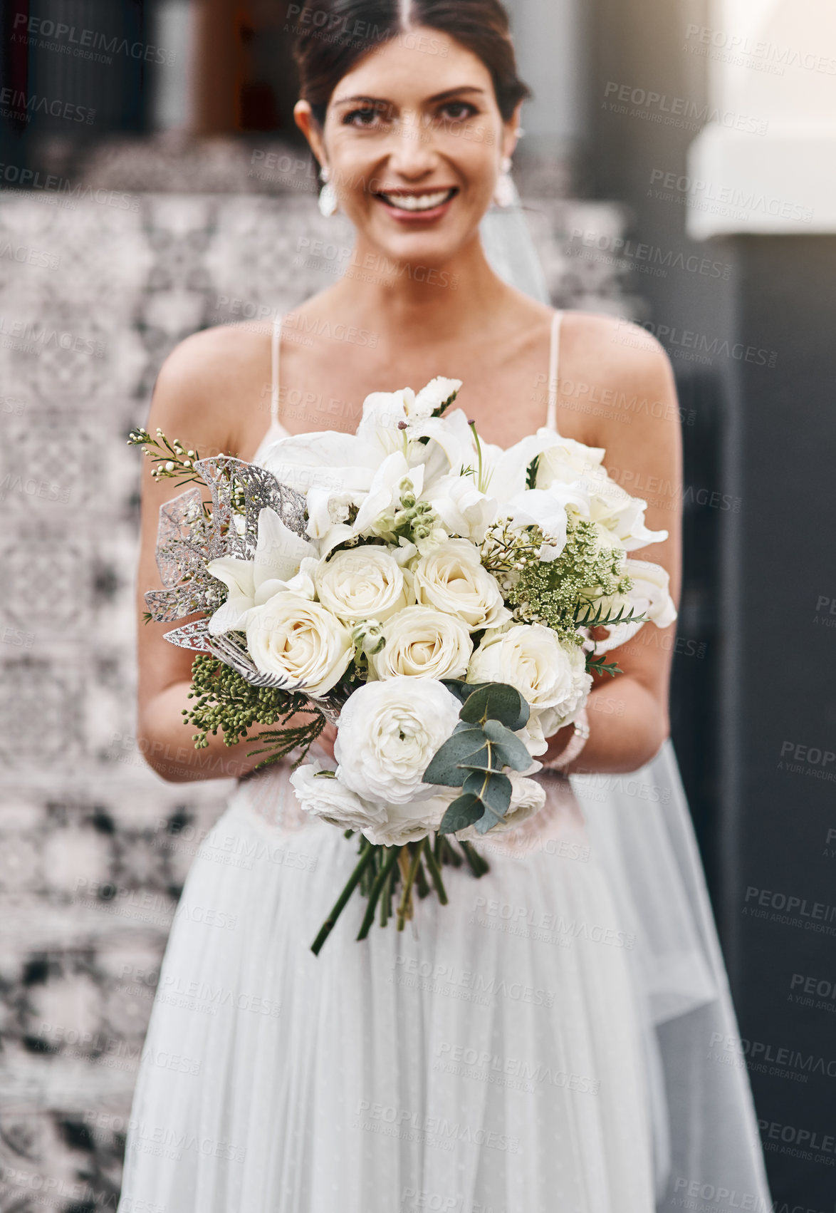 Buy stock photo Portrait, woman and smile in wedding dress, flowers and bride for marriage, bouquet and roses. Celebration, ceremony and elegant for commitment, happy female person and romance in love at event