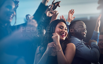 Buy stock photo Love, couple and dancing at a party, happiness and bonding together. Concert, man and woman dance, at night and have fun for relationship, energy and friends at music festival, celebration and relax.