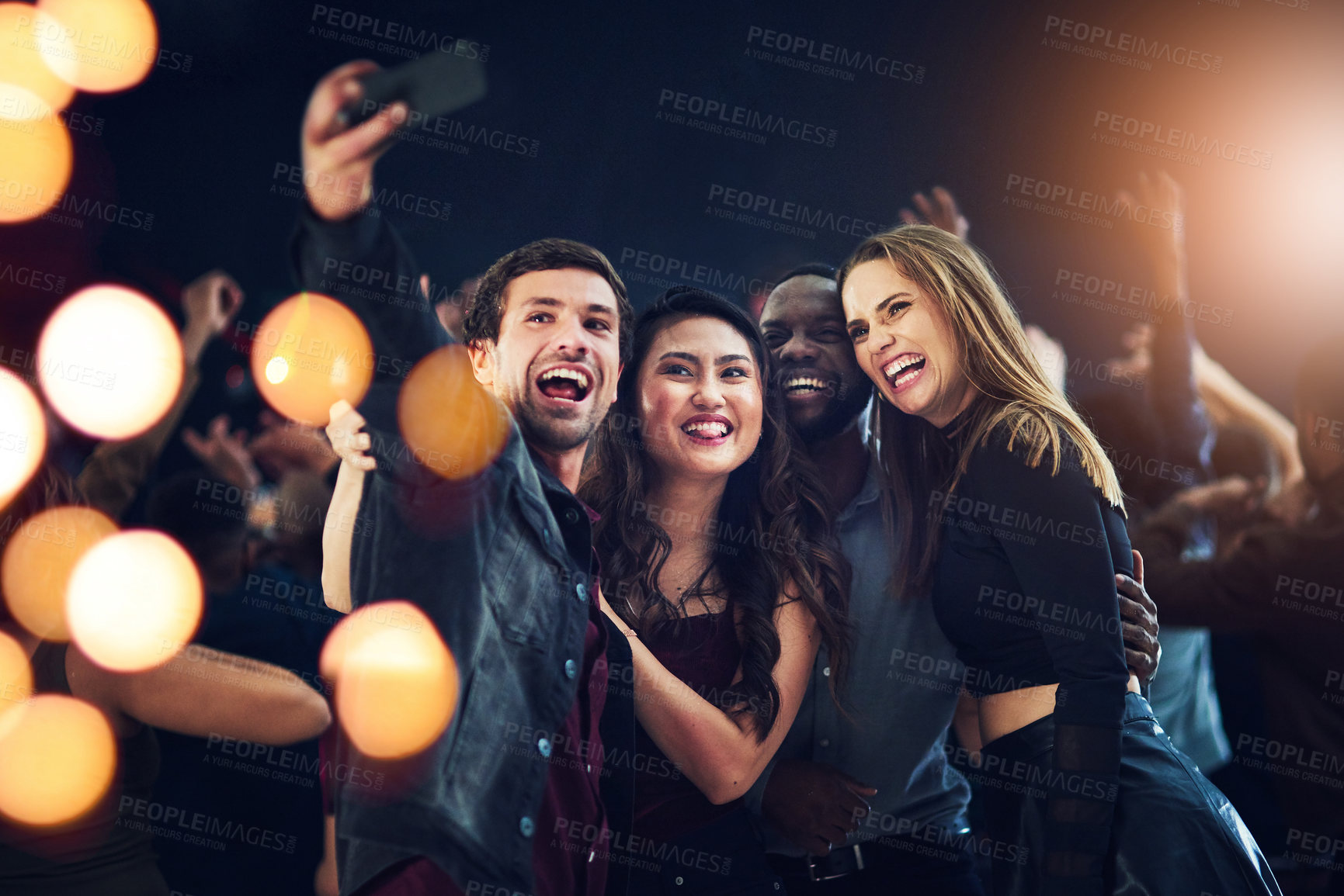 Buy stock photo Selfie, party and new year with diversity friends at an event together for celebration or nightlife fun. Crowd, photograph and birthday with a man and woman group posing for a picture at a dance