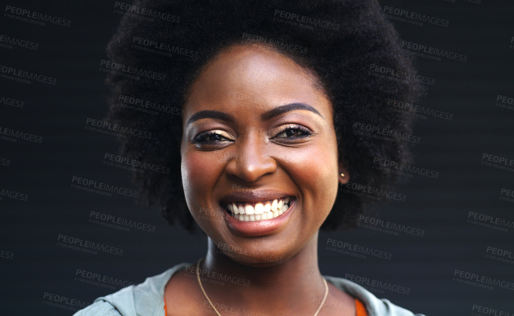 Buy stock photo Happy black woman, portrait and beauty with afro for makeup, cosmetics or style in studio on a dark background. Young African, female person or model with smile or friendly expression for hairstyle