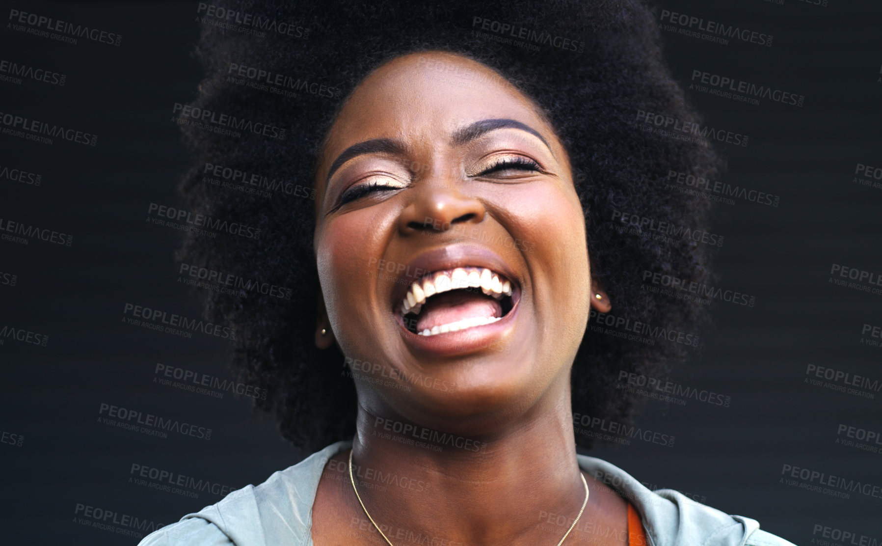 Buy stock photo Laugh, business and black woman with portrait on studio background for career in administration, professional or confident. Receptionist, proud and pride for crm, opportunity and secretary of company