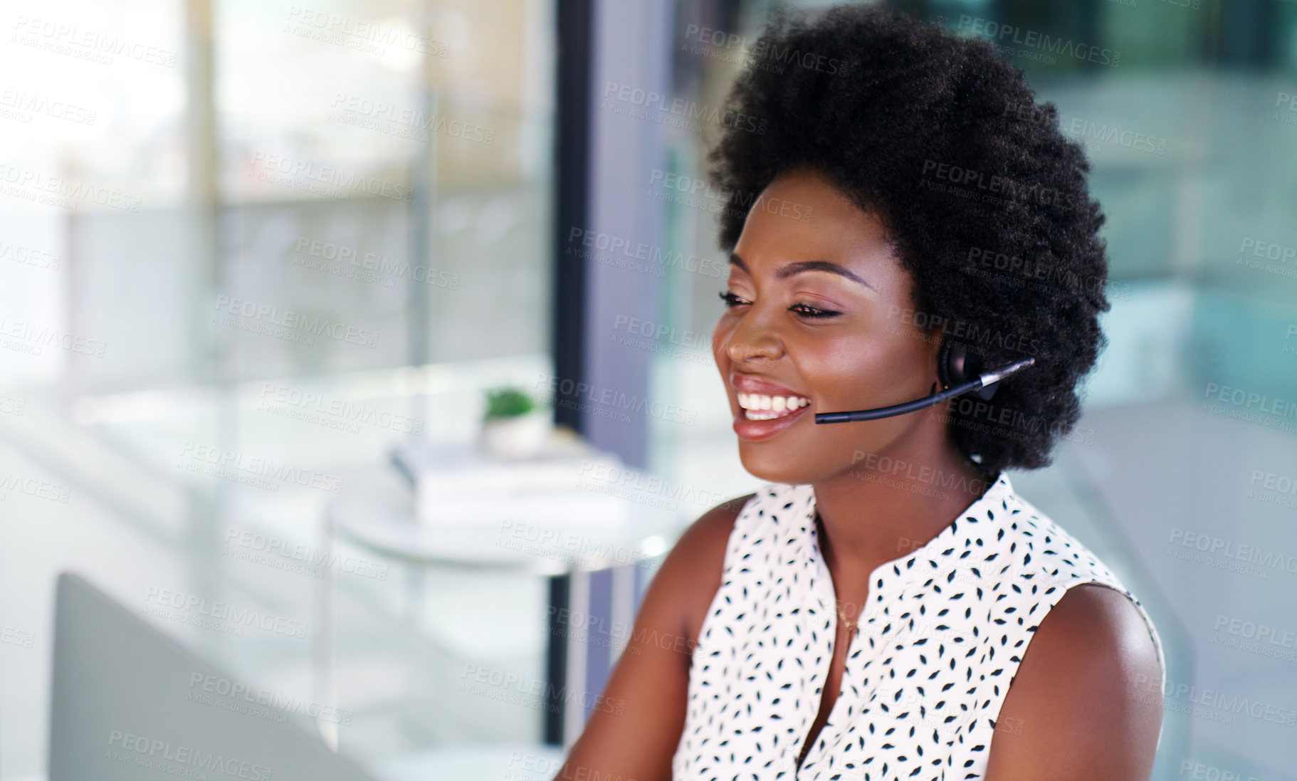 Buy stock photo Happy, black woman and communication in call center office for career in telemarketing, virtual assistance and faq. Girl, headset and contact us for customer service, consulting and technical support