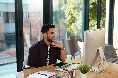 Buy stock photo Designer, computer and a man working and thinking at desk for online research or creative work. Happy male entrepreneur person with internet connection for business project, reading email or review