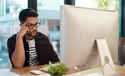 Buy stock photo Business man, bored and thinking at computer desk while online for research with poor internet. Male entrepreneur person tired or frustrated with connection glitch or problem while reading email