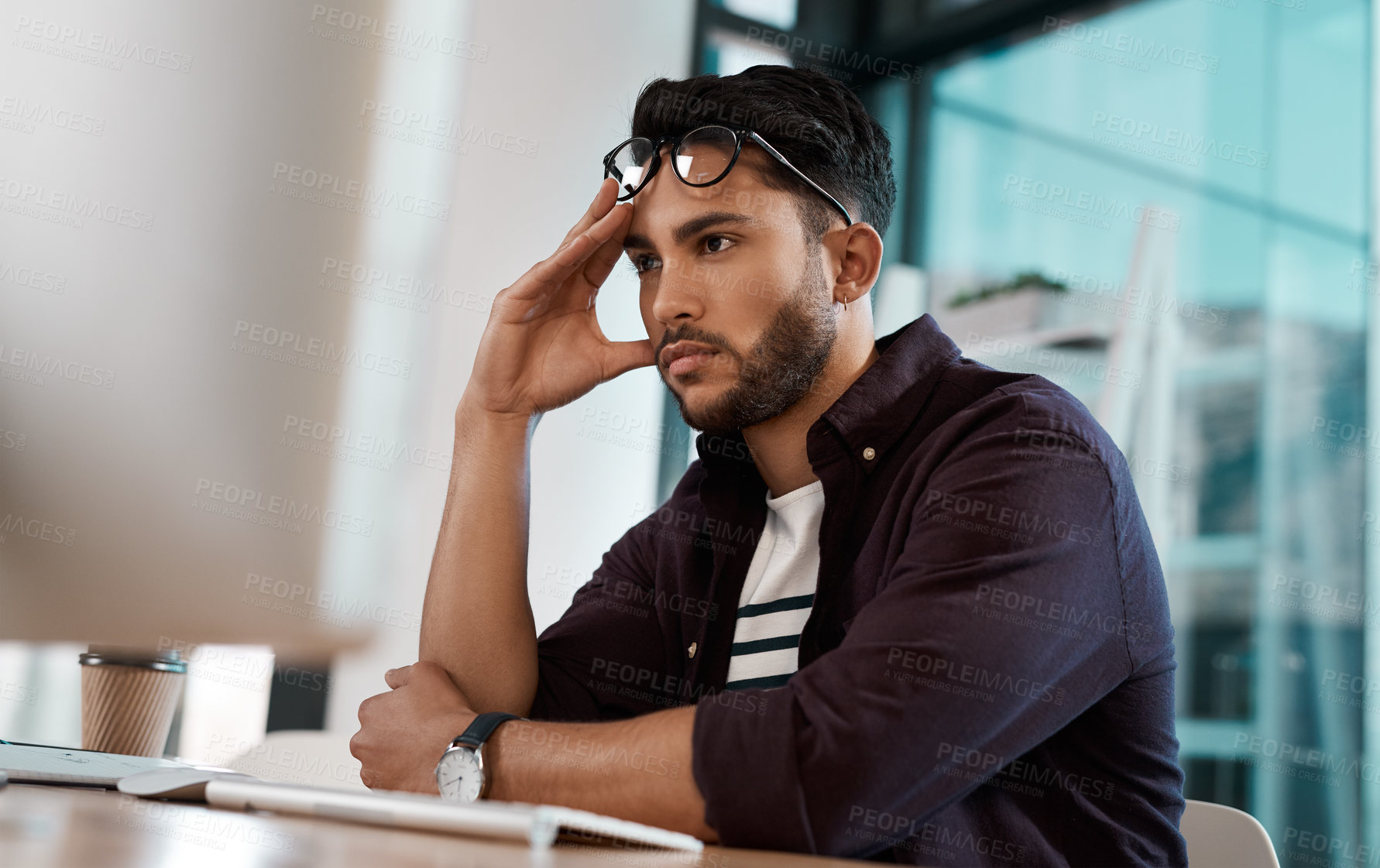 Buy stock photo Business, thinking and man with glitch, computer and 404 error with deadline, mistake and slow internet. Person, employee or consultant with pc, phishing or online reading with scam, burnout or doubt