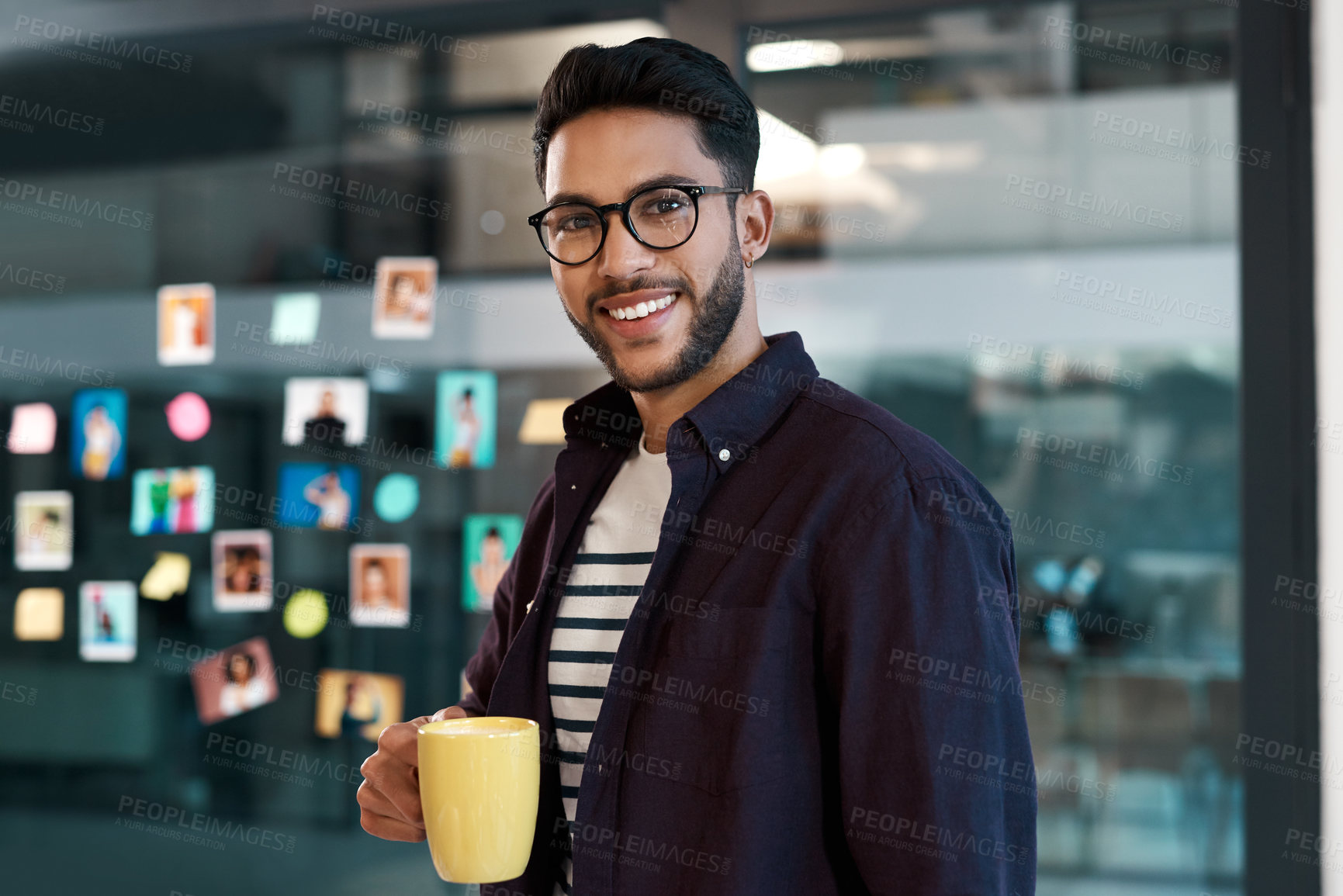 Buy stock photo Man, confident and portrait with coffee, pride and solution for business, workplace and office. Male person, copywriter and beverage for ambition, deadline and article as editor for company or agency