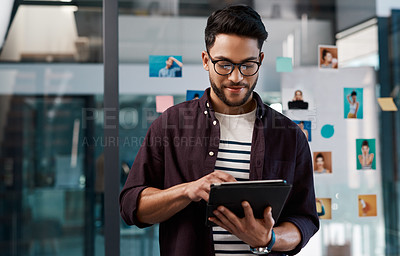 Buy stock photo Businessman, browsing internet or tablet in office with sticky notes for online research and brainstorming. Male person, technology and headshot on transparent wall for model agency or social media