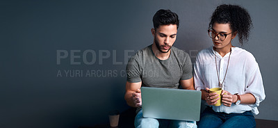 Buy stock photo Employees, reading and laptop with mock up background with teamwork for a collaboration. Business people, planning and online discussion for working with creativity in a startup with a banner.