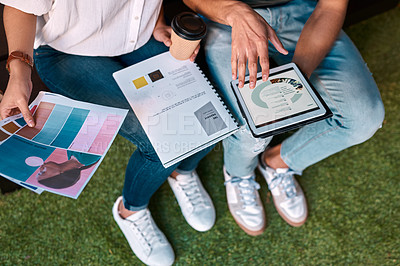 Buy stock photo Colleagues, tablet and grass with paperwork, discussion and working for creative collaboration. People, product design and astro turf for startup, business and employees on break for fashion company