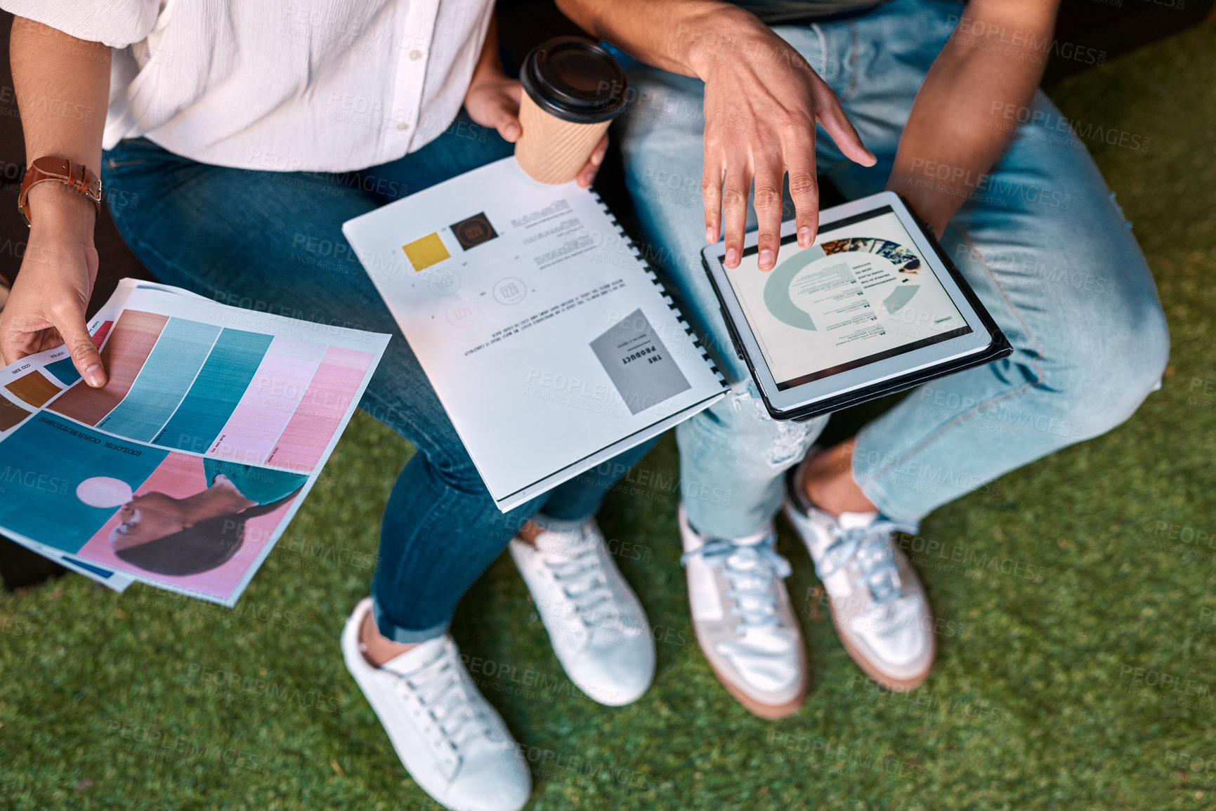 Buy stock photo Colleagues, tablet and grass with paperwork, discussion and working for creative collaboration. People, product design and astro turf for startup, business and employees on break for fashion company