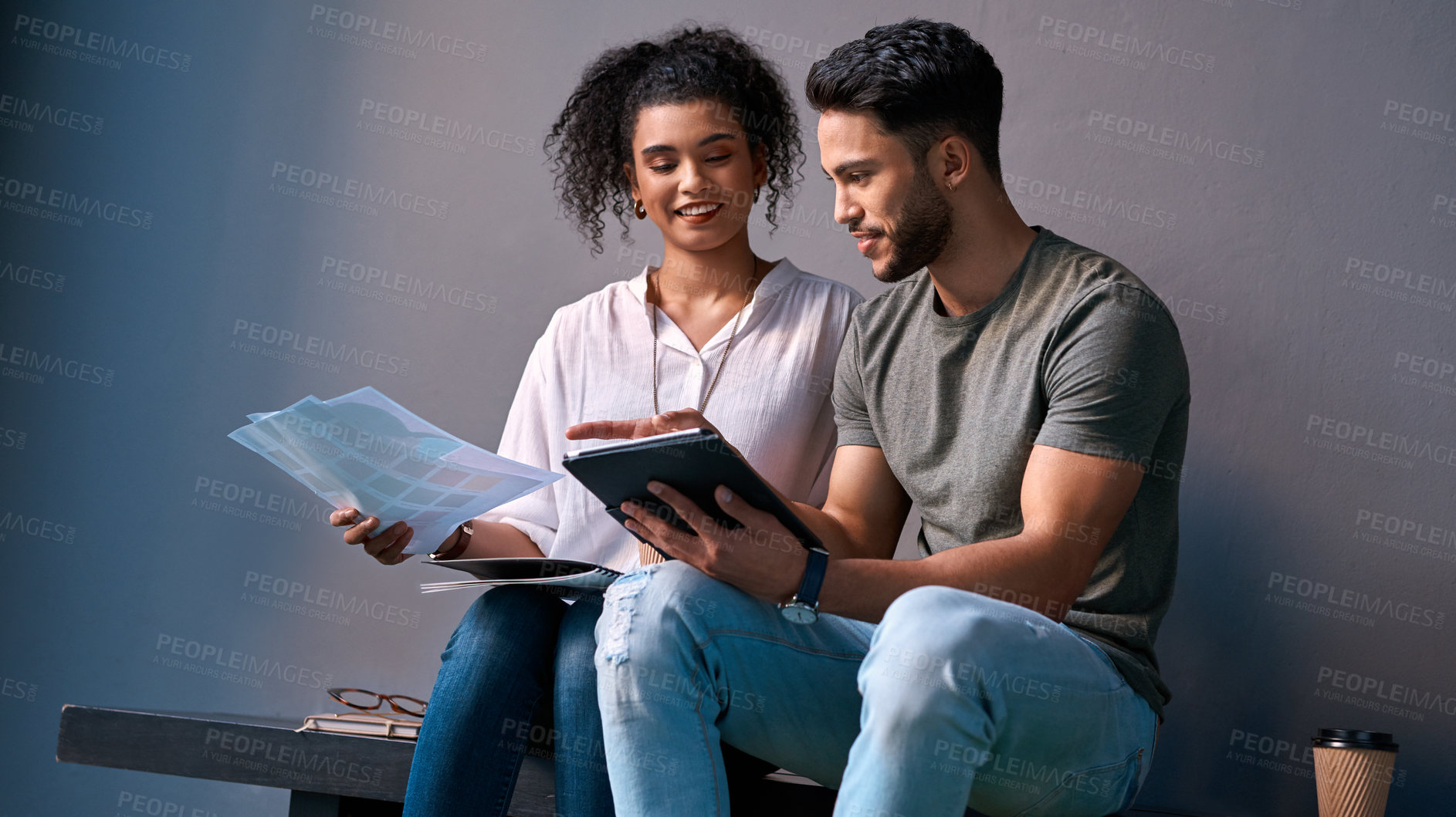 Buy stock photo Planning, team and tablet for professional discussion about digital collaboration. at work. Employees, conversation and reading technology for background with mock up for creativity in company.