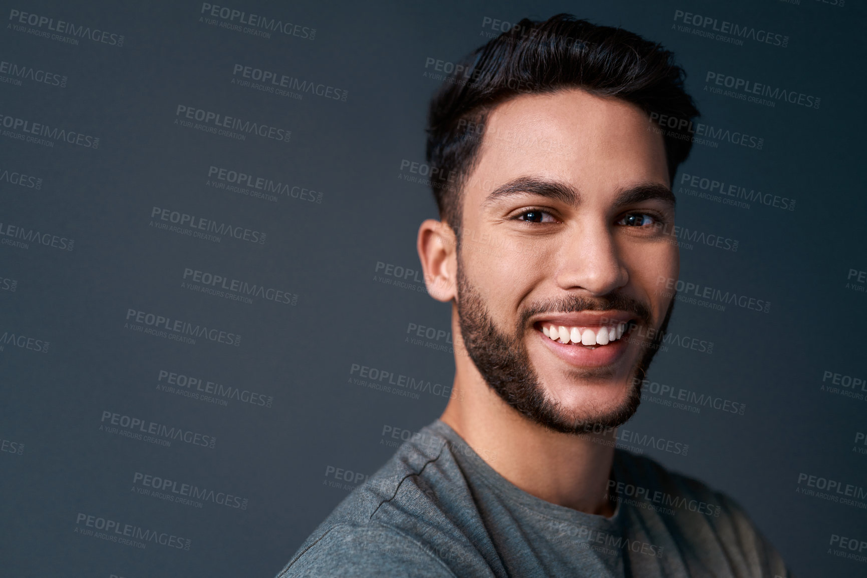 Buy stock photo Studio, business man and portrait with happy, creative and employee with ideas for journalism. Professional, career and male journalist with confidence, article goals and mockup by gray background