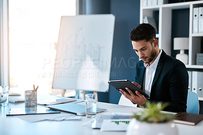 Buy stock photo Tablet, research and business man reading email for statistics, chart and analysis on internet in office. Digital technology, data analyst and typing for planning project, information and erp report