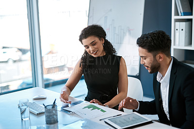 Buy stock photo Data analysis, woman and man with tablet, report or budget review statistics for business growth. Proposal, planning and teamwork in sales development, consultant and financial advisor in partnership