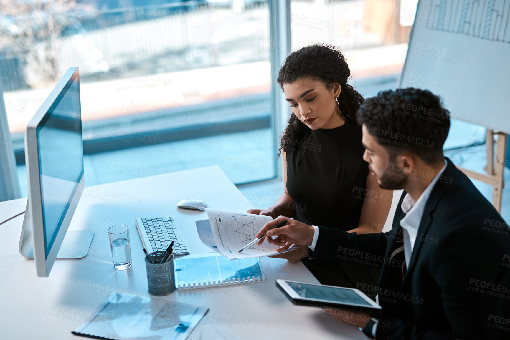 Buy stock photo Business plan, woman and man with tablet, paperwork and review notes with data analysis. Proposal, statistics and teamwork for sales development with consultant, financial advisor and partnership.