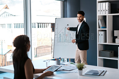 Buy stock photo Presentation, graph and businessman in meeting with increase in stats report and data analysis results. Review, chart and speaker with whiteboard revenue info or woman planning project on tablet