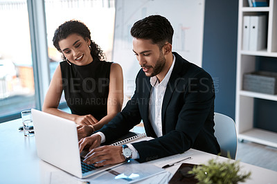 Buy stock photo Business meeting, woman and man with laptop for planning strategy, discussion together and teamwork by desk. Office, computer and corporate staff with collaboration for writing report and research