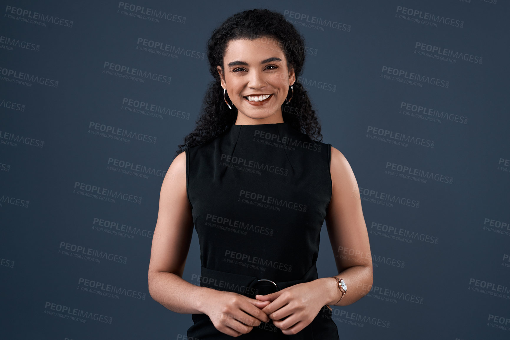 Buy stock photo Studio, business woman and portrait with happy, creative and employee with ideas for journalism. Professional, career and female journalist with confidence, article goals or mockup by gray background