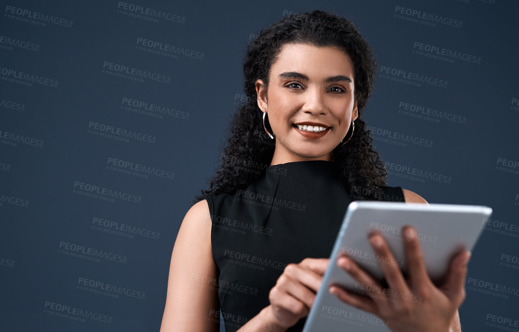 Buy stock photo Business, portrait and woman in studio with tablet, smile and  mockup for online connectivity for planning. Schedule, agenda and happy businesswoman with digital app for networking on dark background