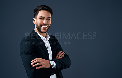 Buy stock photo Studio background, portrait and smile of man, suit and professional for business, employee and corporate. Workplace, banner and bookkeeper with confidence, happy and investment in company with growth