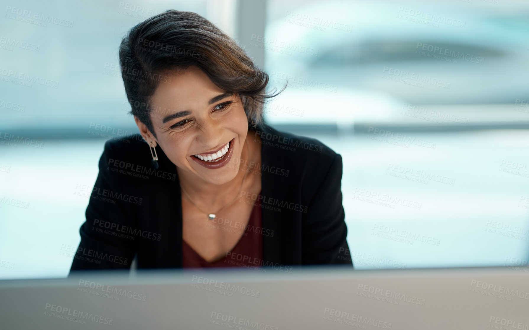 Buy stock photo Happy, corporate woman and computer with pride, ambition and confidence in career as business analyst. Smile, female person and technology for email communication, networking and connection in office