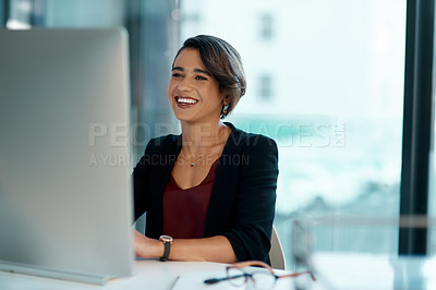 Buy stock photo Happy, corporate woman and computer with vision, planning and confidence in career as receptionist. Smile, female person and technology for email communication, scheduling and networking in office