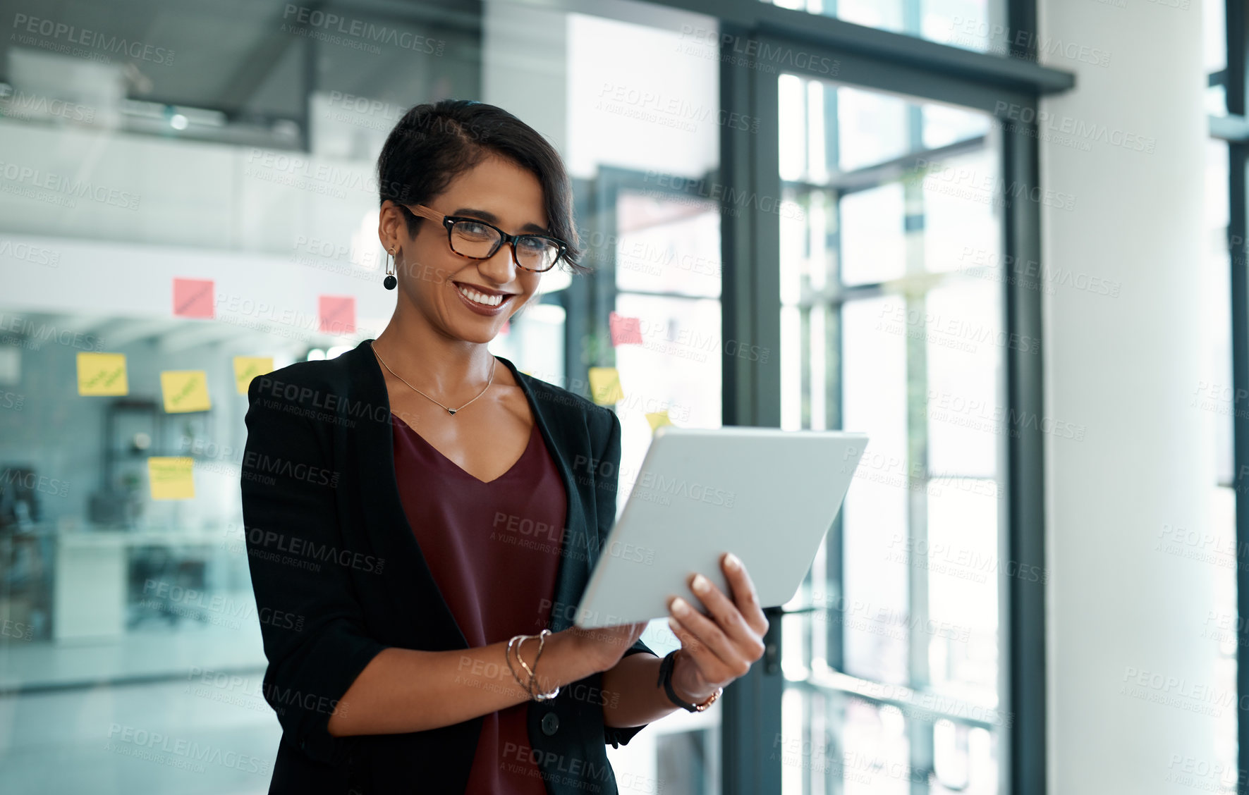 Buy stock photo Happy, career woman and tablet in portrait for connection, communication or digital networking. Female person, tech and smile in corporate as project manager in company in workplace as professional
