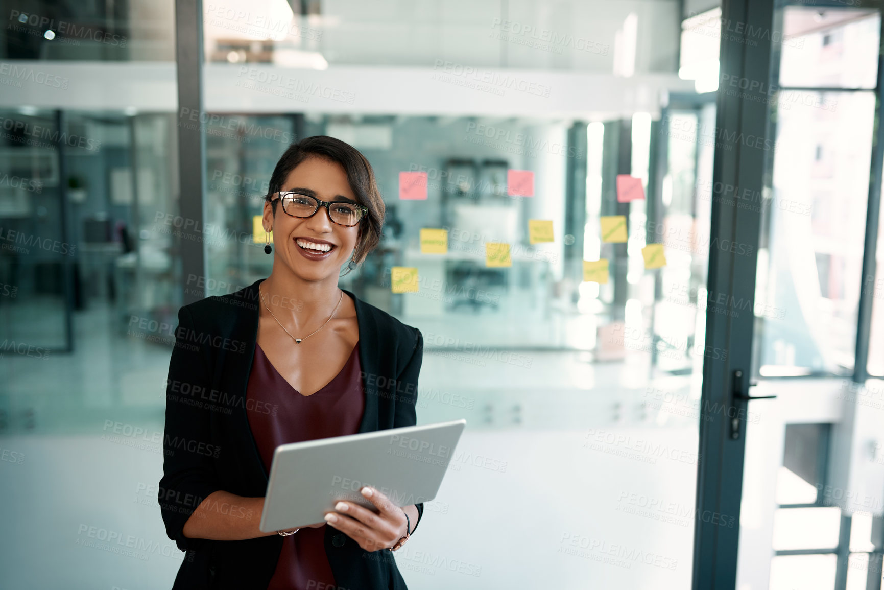 Buy stock photo Smile, businesswoman and tablet in portrait for connection, communication or digital networking. Female person, tech and happy in corporate as project manager in company in office as professional
