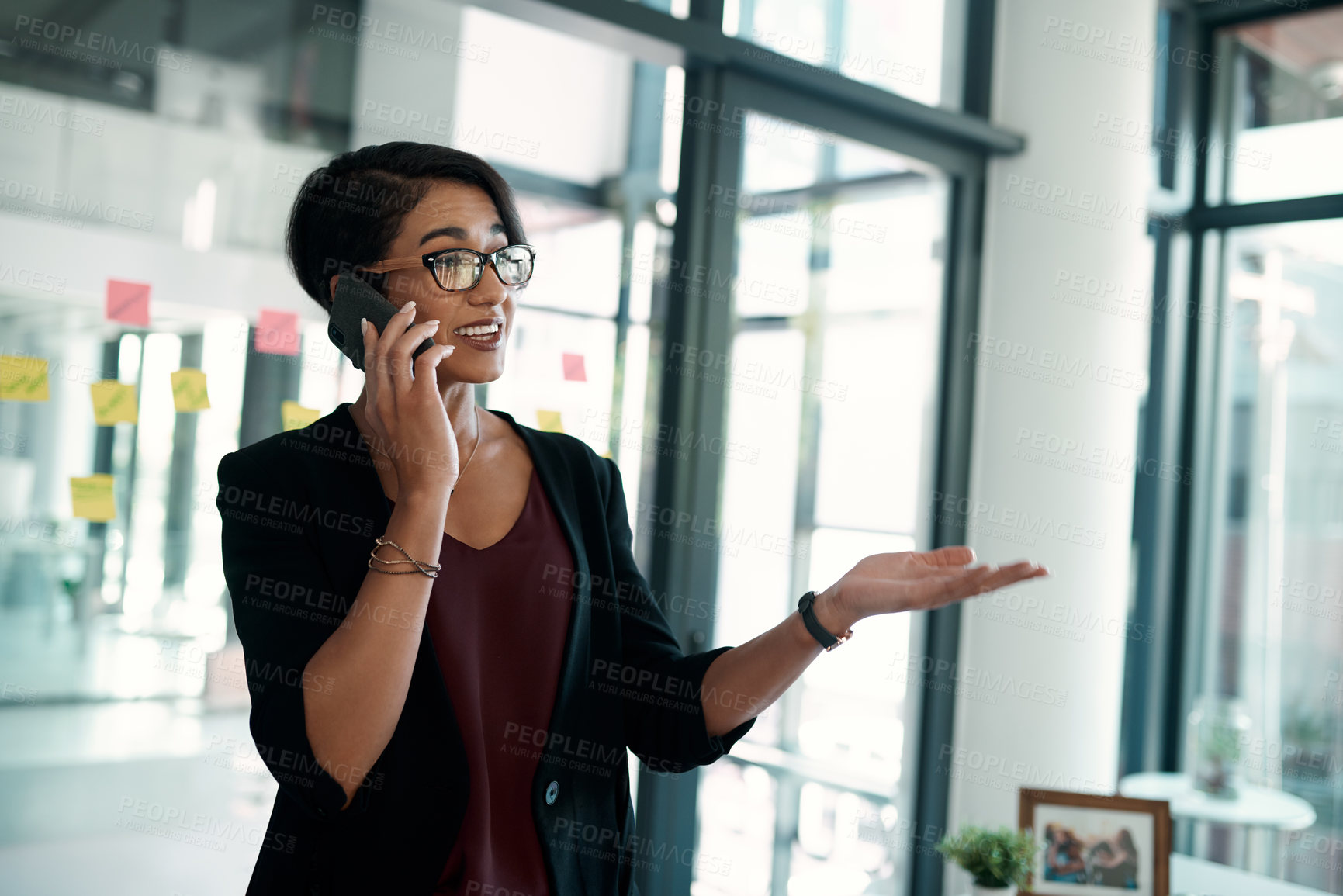 Buy stock photo Woman, smile and cellphone for phone call in office for conversation, chat and communication. Female person, employee and happy with discussion for connection, networking and creativity for business