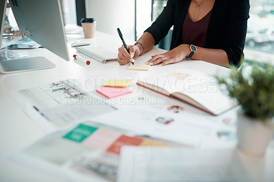 Buy stock photo Document, notes and hands of person with market research, report and review of info on desk. Office, notebook and woman writing reminder for paperwork, data analysis and planning with charts of stats