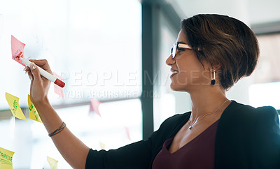 Buy stock photo Business woman, writing and brainstorming on glass moodboard for ideas, planning workflow and project goals. Happy professional worker or person, sticky notes and creative schedule or job reminder