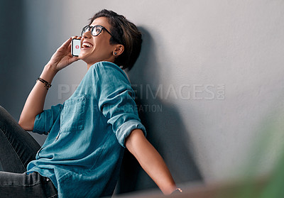 Buy stock photo Woman, laughing and talking on phone indoor for comic conversation for negotiation proposal by networking. Smile, female person and speaking on mobile for information with feedback on project deal 
