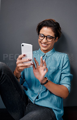 Buy stock photo Happy, smile and woman with smartphone, typing and connection with social media, internet and glasses. Happy person, mobile user or girl with cellphone, tech and online reading for email notification