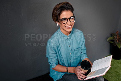 Buy stock photo Portrait, notebook and happy woman with glasses for planning, deadline and project for startup. Female freelancer, smile and coffee with journal for idea, creative business and career in Brazil