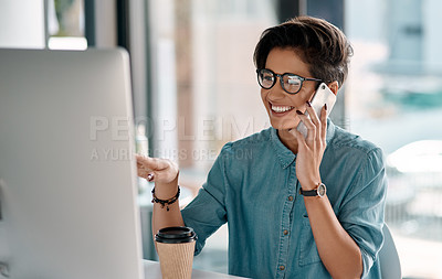 Buy stock photo Business, woman and phone call with smartphone in office for communication on task management, schedule and appointment. Female receptionist, conversation and online for updates and information