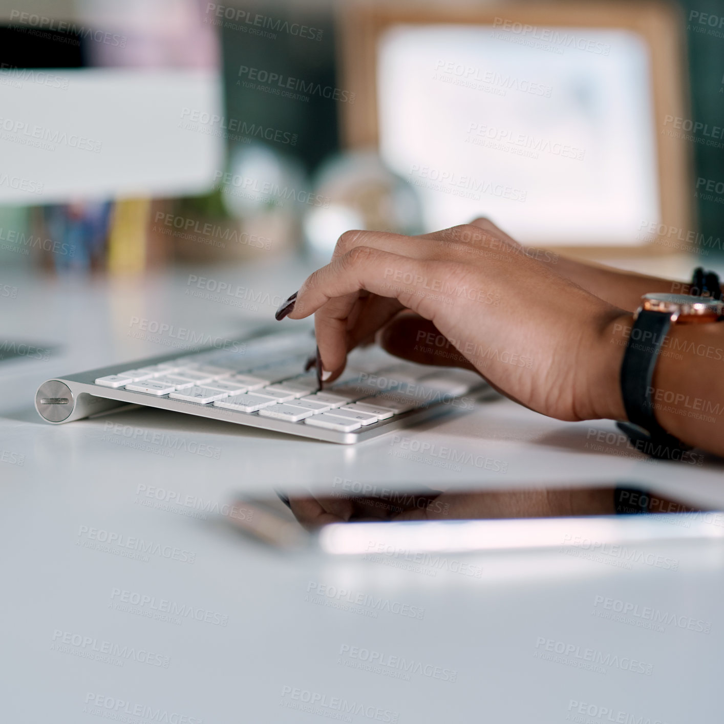 Buy stock photo Woman, hands and typing on keyboard in office for email or  communication, task management and spreadsheet for time tracking. Business, entry and report or document for productivity and deadline